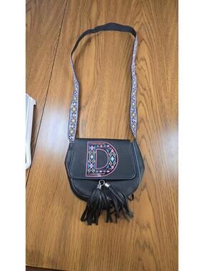 Justice Black Crossbody Bag with Colorful Patterned Strap and Tassels